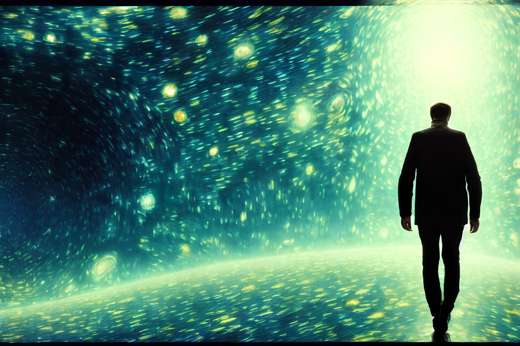 Person walking toward bright light in cosmos backdrop.