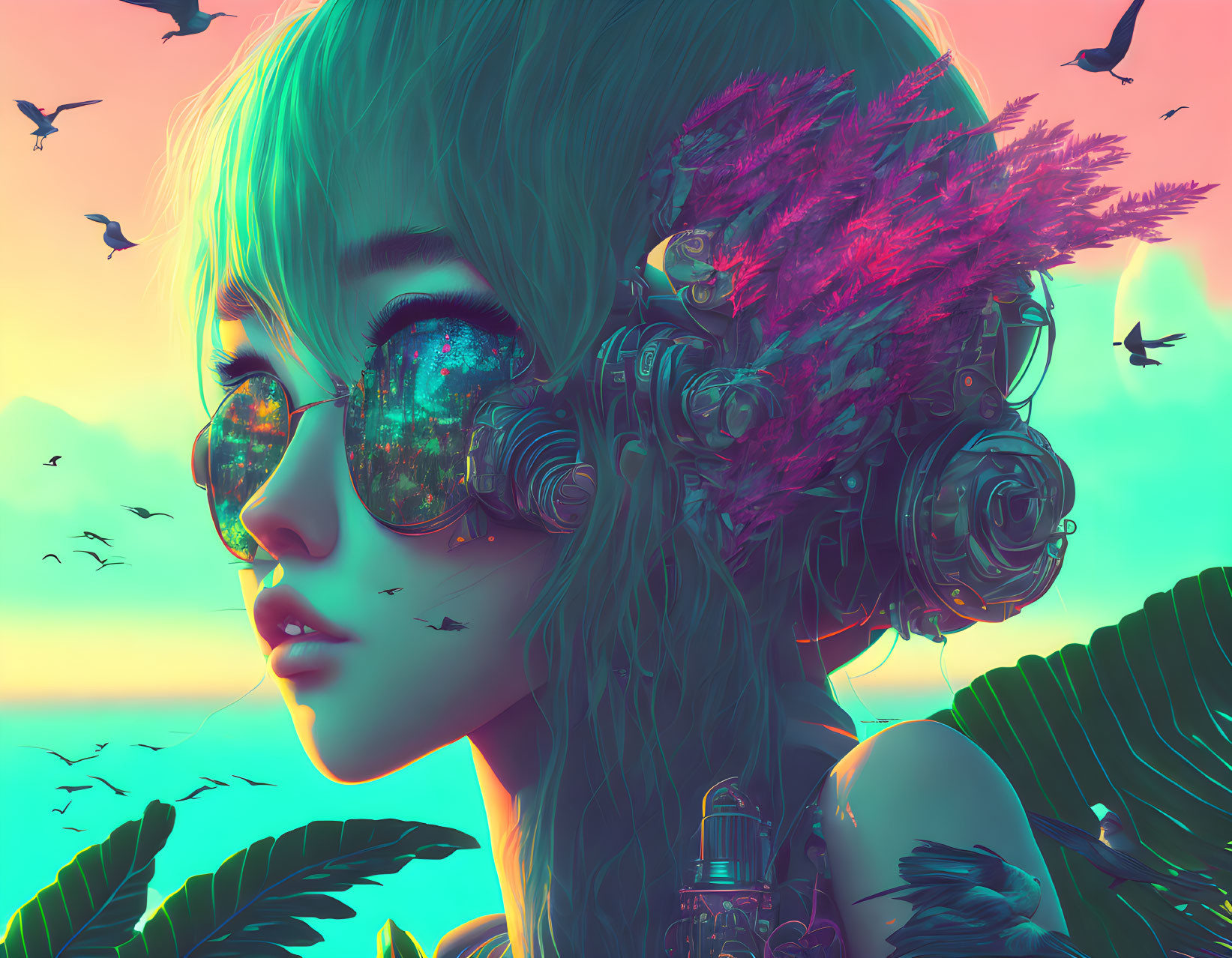 Futuristic digital art of girl with starry sky reflection, mechanical details, and flying birds.