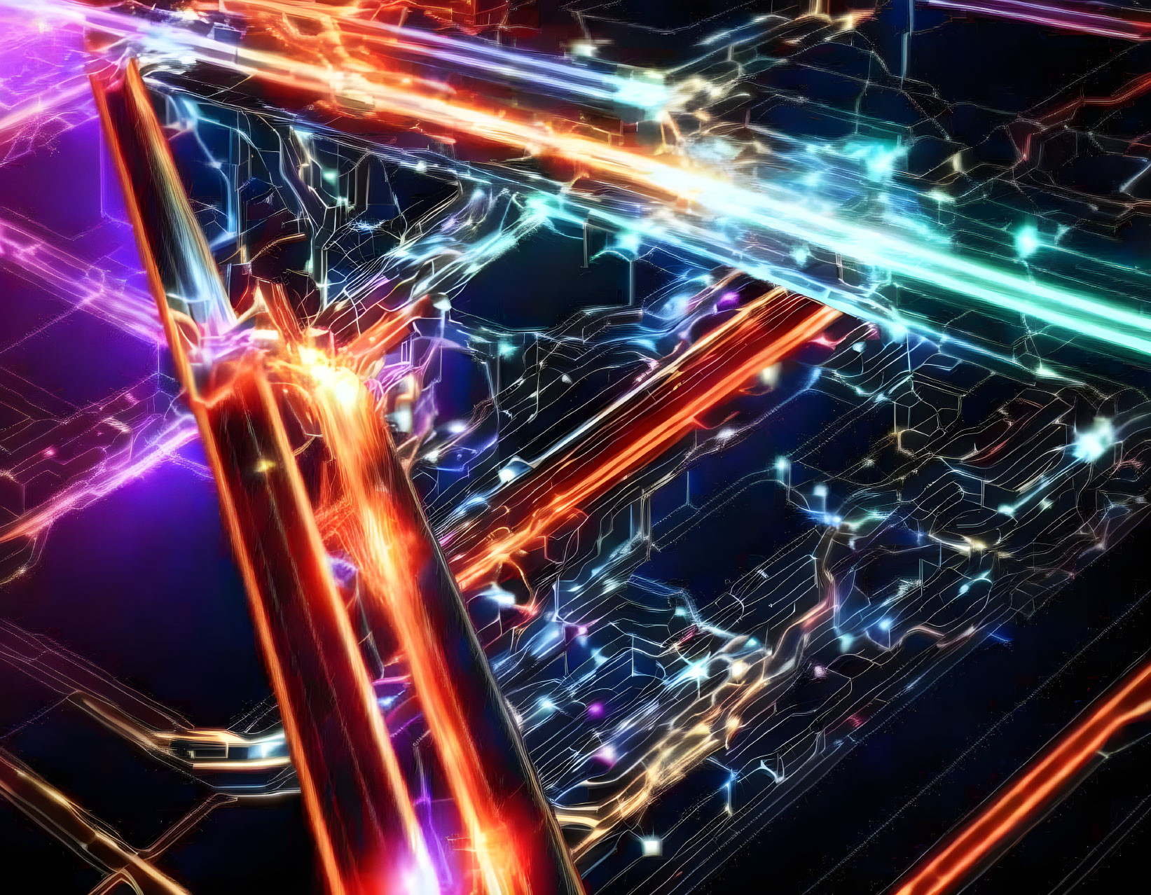 Colorful neon light beams intersecting on dark circuitry background