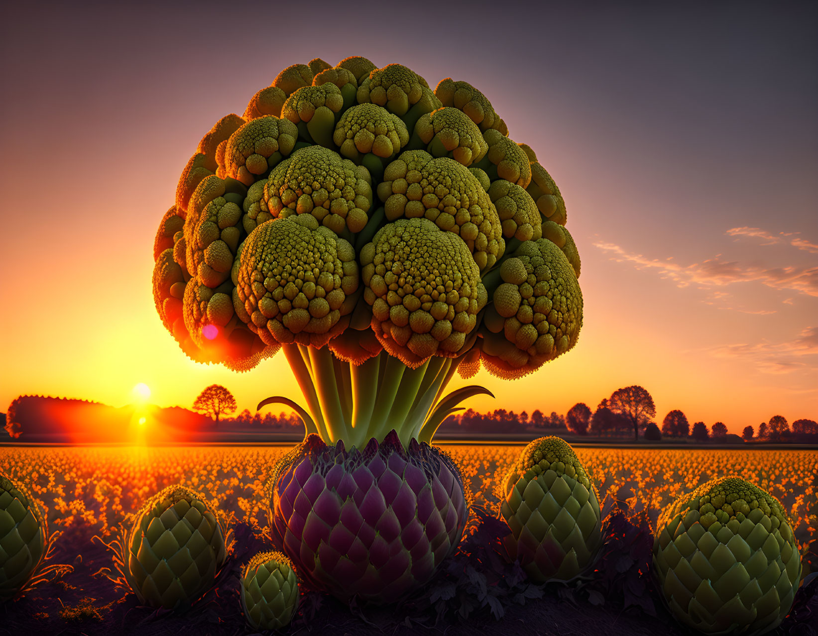 Surreal landscape with oversized Romanesco broccoli and artichokes at sunset