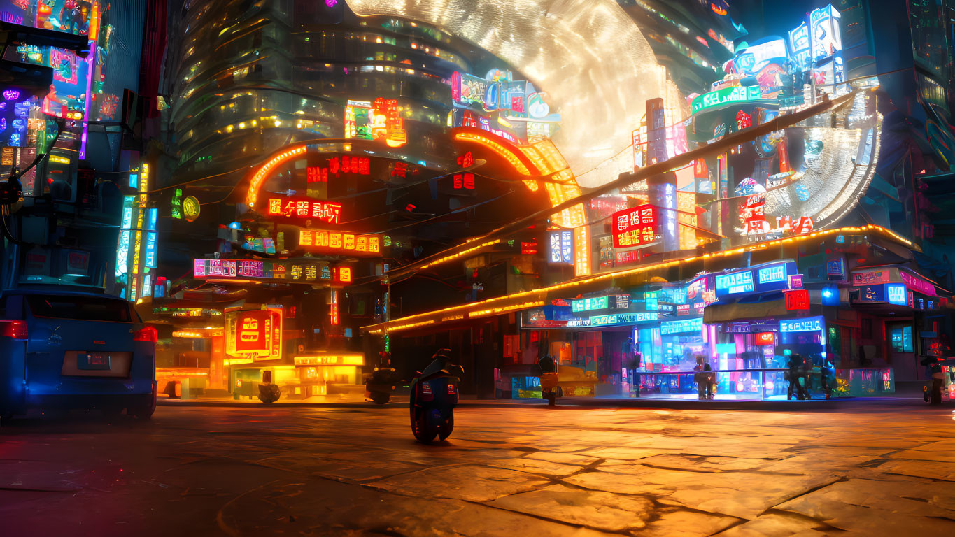 Vibrant neon-lit city street at night with motorcycle and wet pavement