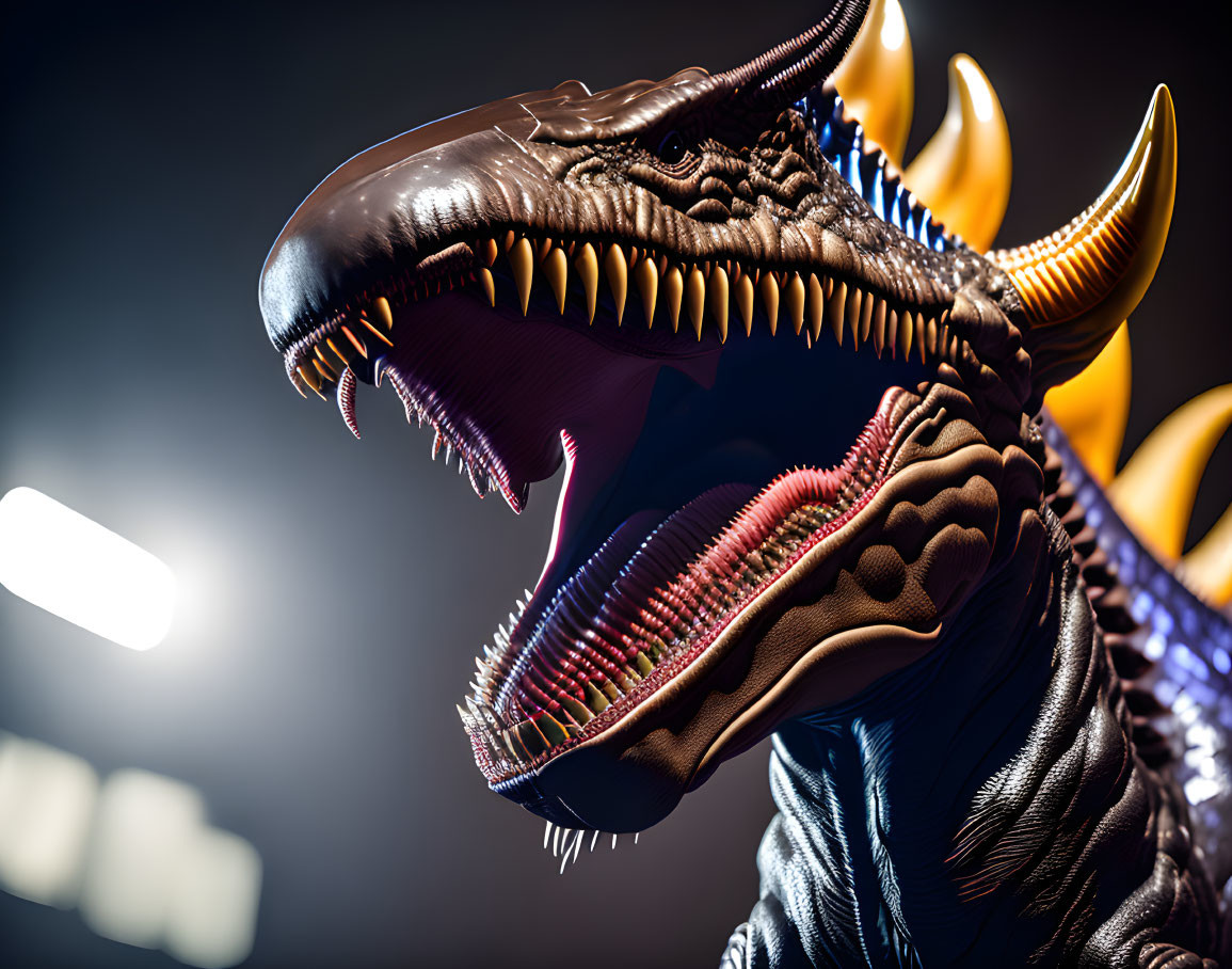 Detailed fearsome dinosaur model with sharp teeth and horns on dark background