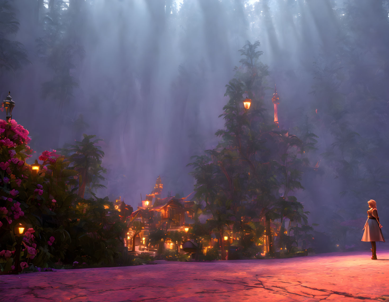 Mystical forest scene at dusk with lantern-lit path and cozy village