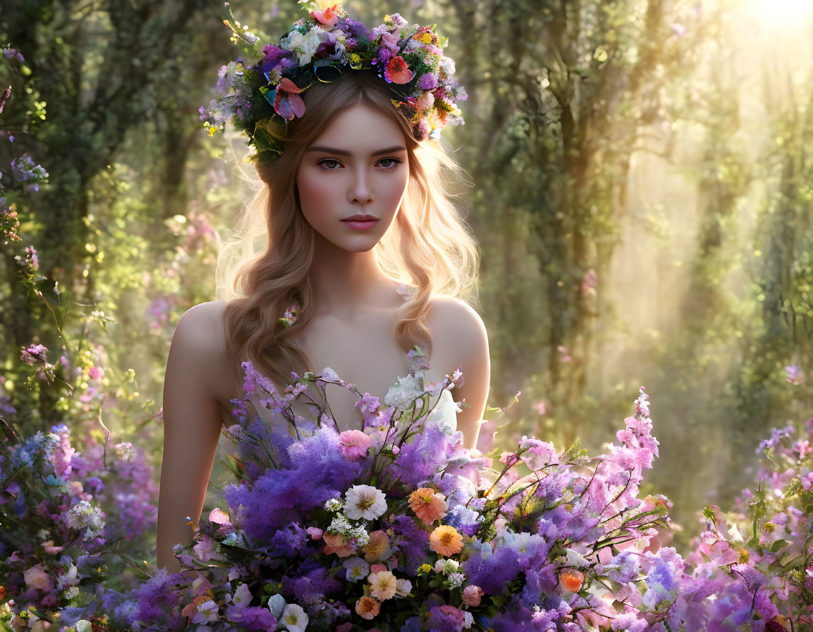 Woman wearing floral crown and holding bouquet in sunlit forest