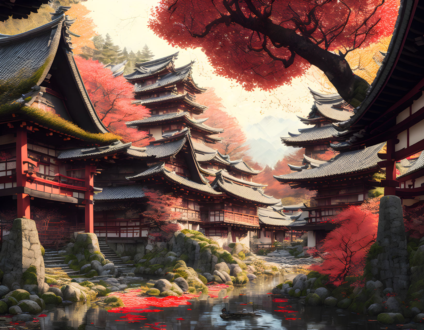 Japanese Pagoda Temple in Autumn Setting with River and Fallen Leaves