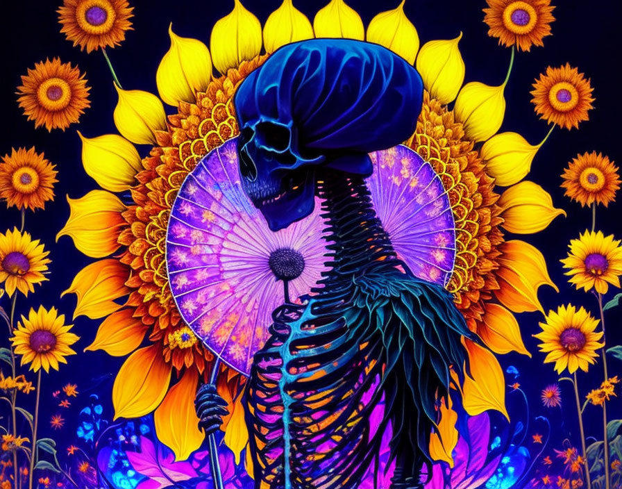 Colorful Skeleton Artwork with Blue Skull and Sunflowers on Dark Background