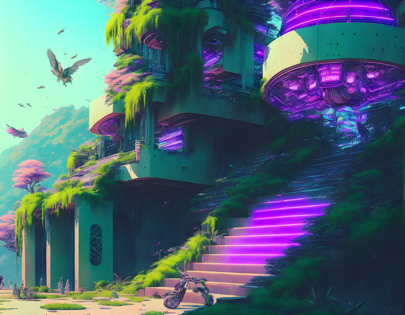 Futuristic building with greenery, purple lights, birds, motorcycle, and illuminated stairs