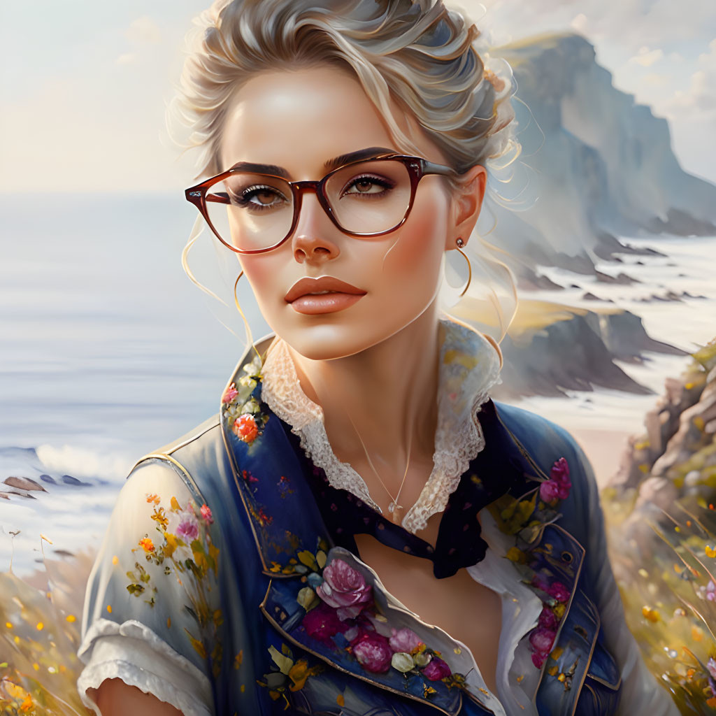 Blonde Woman with Glasses in Floral Denim Jacket by Seaside Cliff