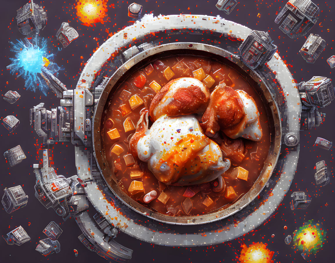 Surreal spacecraft with chicken and rice dish in cosmic scene