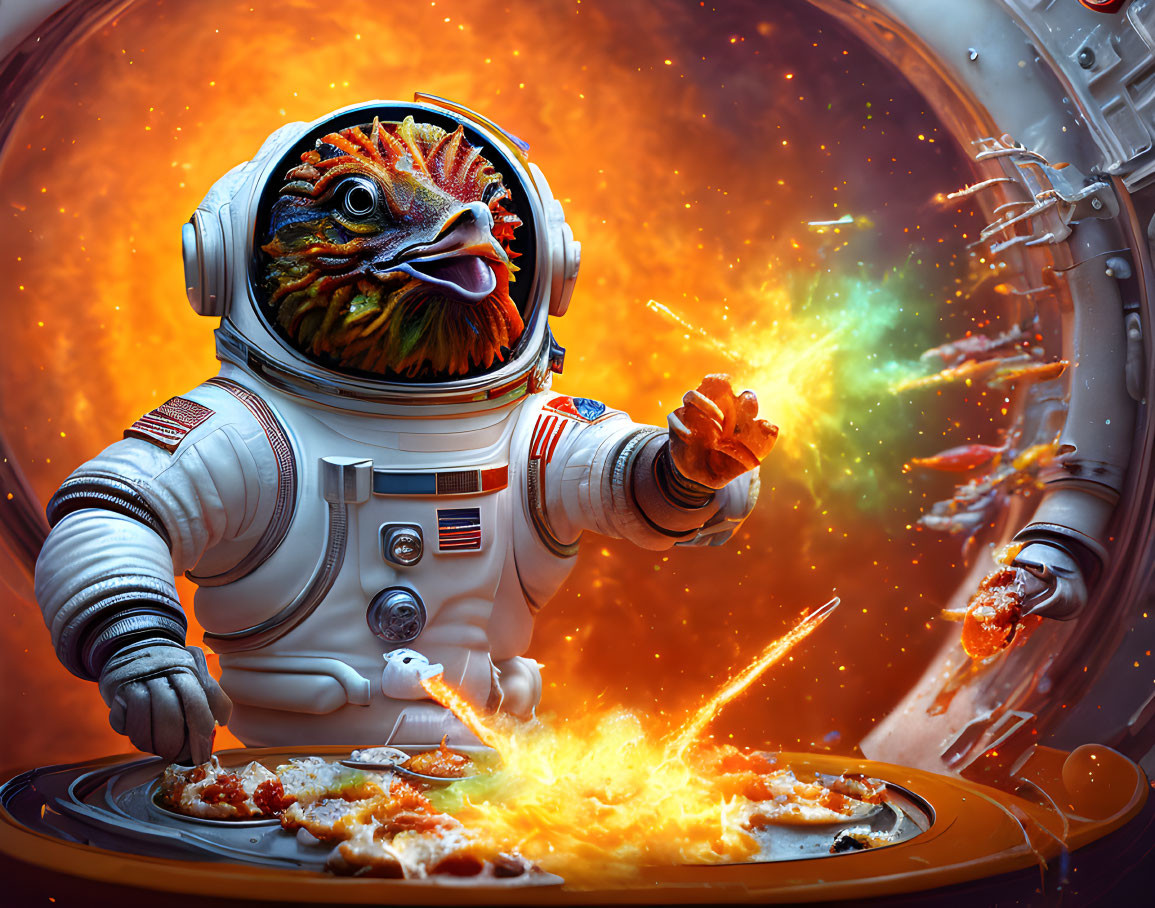 Surreal reptilian astronaut in space suit eating pizza