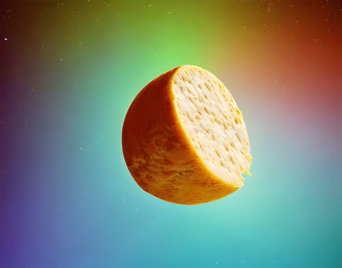 Floating cheese wheel on vibrant gradient background