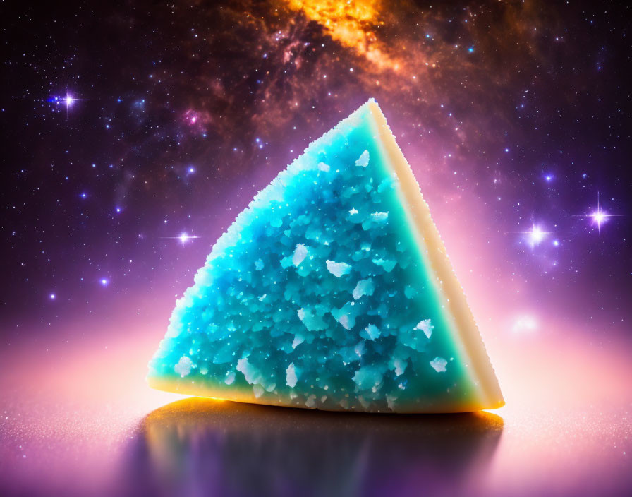 Blue Pyramid-Shaped Crystal in Cosmic Nebula Environment