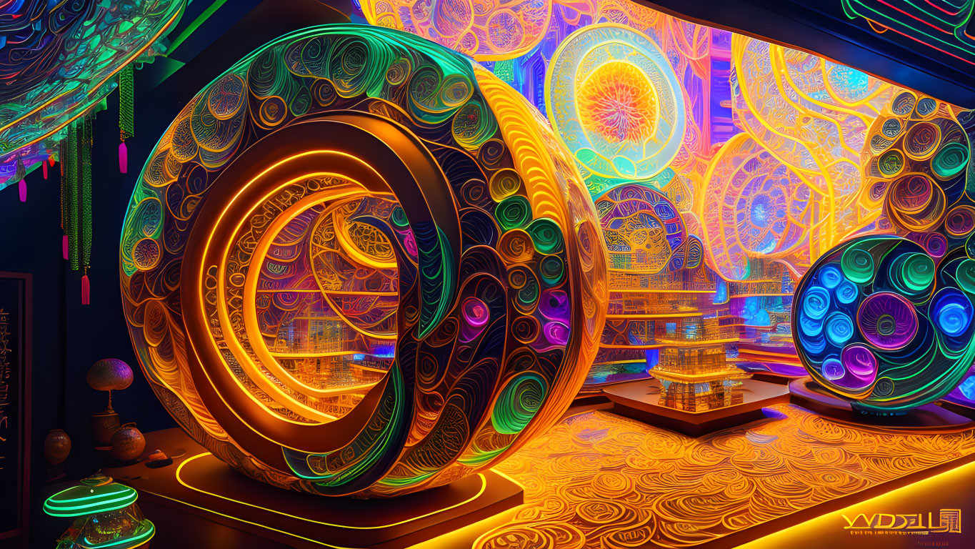 Colorful digital artwork with glowing patterns and mandala designs in a futuristic room.