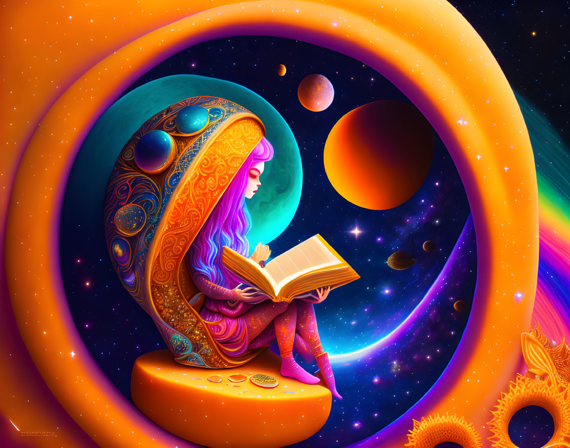 Colorful illustration: Woman with purple hair reading book in crescent moon, cosmic background.