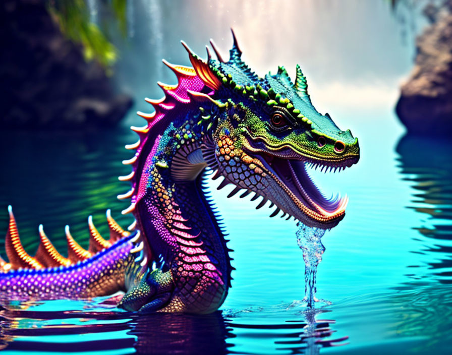 Colorful Dragon Emerging from Calm Waters in Digital Art