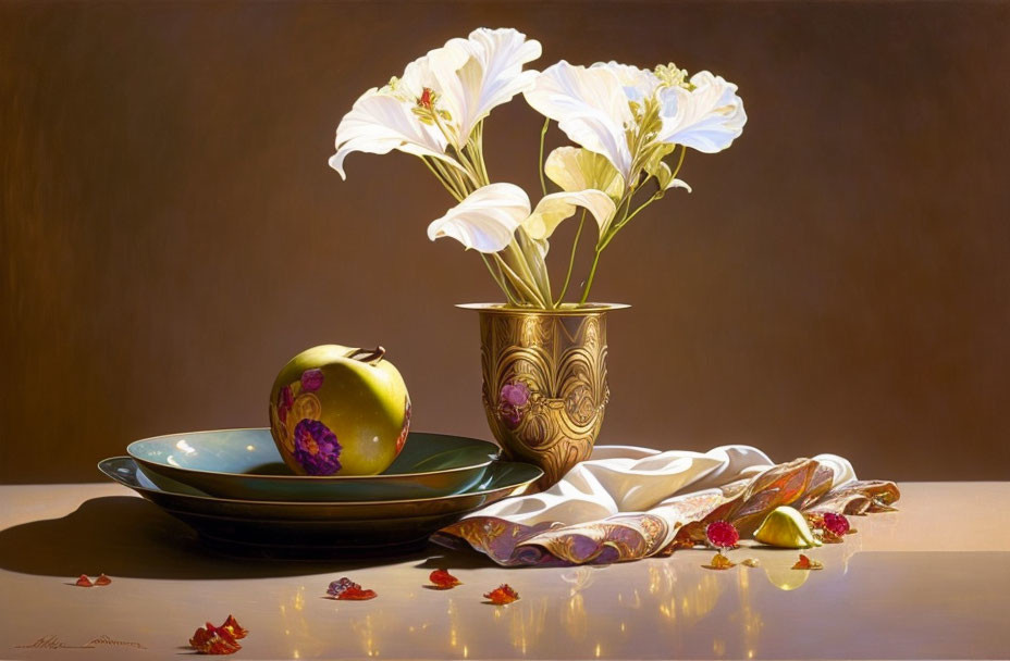 White Flowers in Golden Vase with Green Plates and Decorated Apple