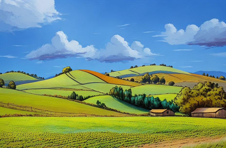 Scenic rural landscape with green hills, crops, farm buildings, and trees