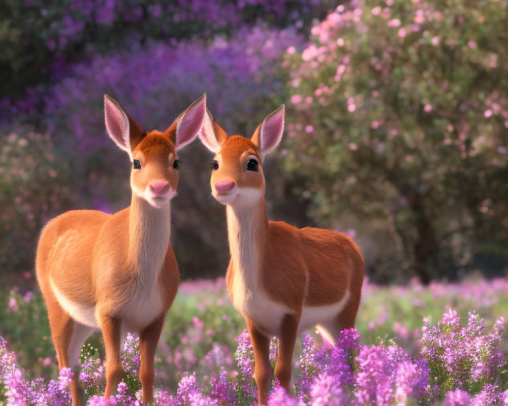 Cartoon deer in field of purple flowers under soft sunlight