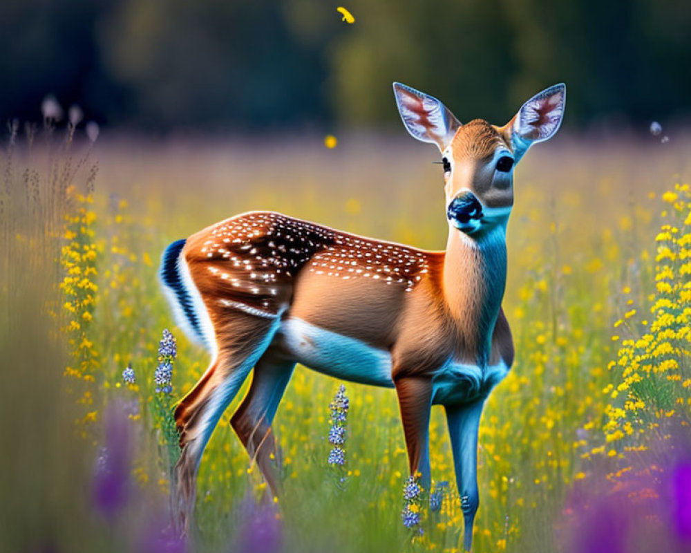 Spotted Deer in Colorful Meadow with Butterflies