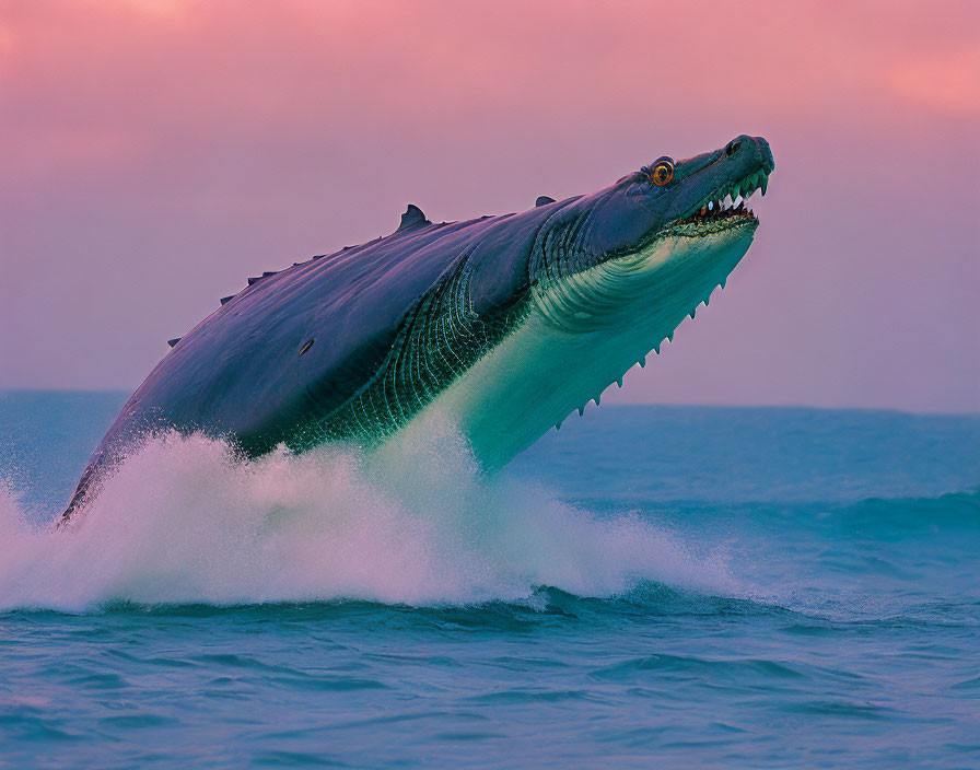 Whale with Dinosaur Head Jumping from Ocean in Digital Art