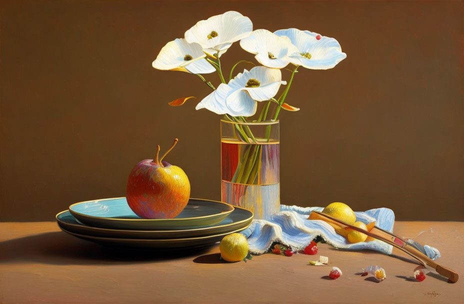 White Flowers, Apple, Candies, and Fruits Still Life Painting