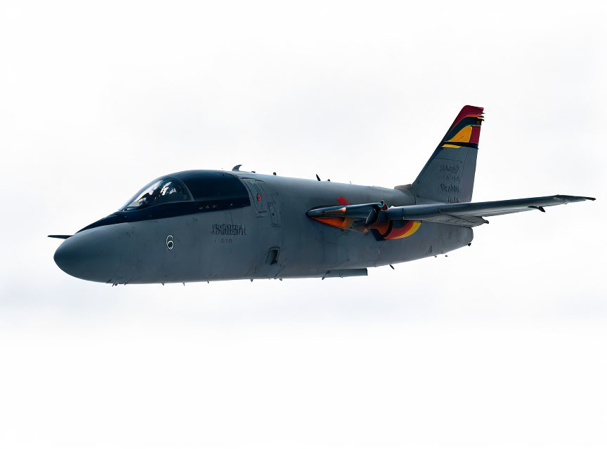 Gray Military Jet with Colorful Tail Insignia Flying in Cloudy Sky