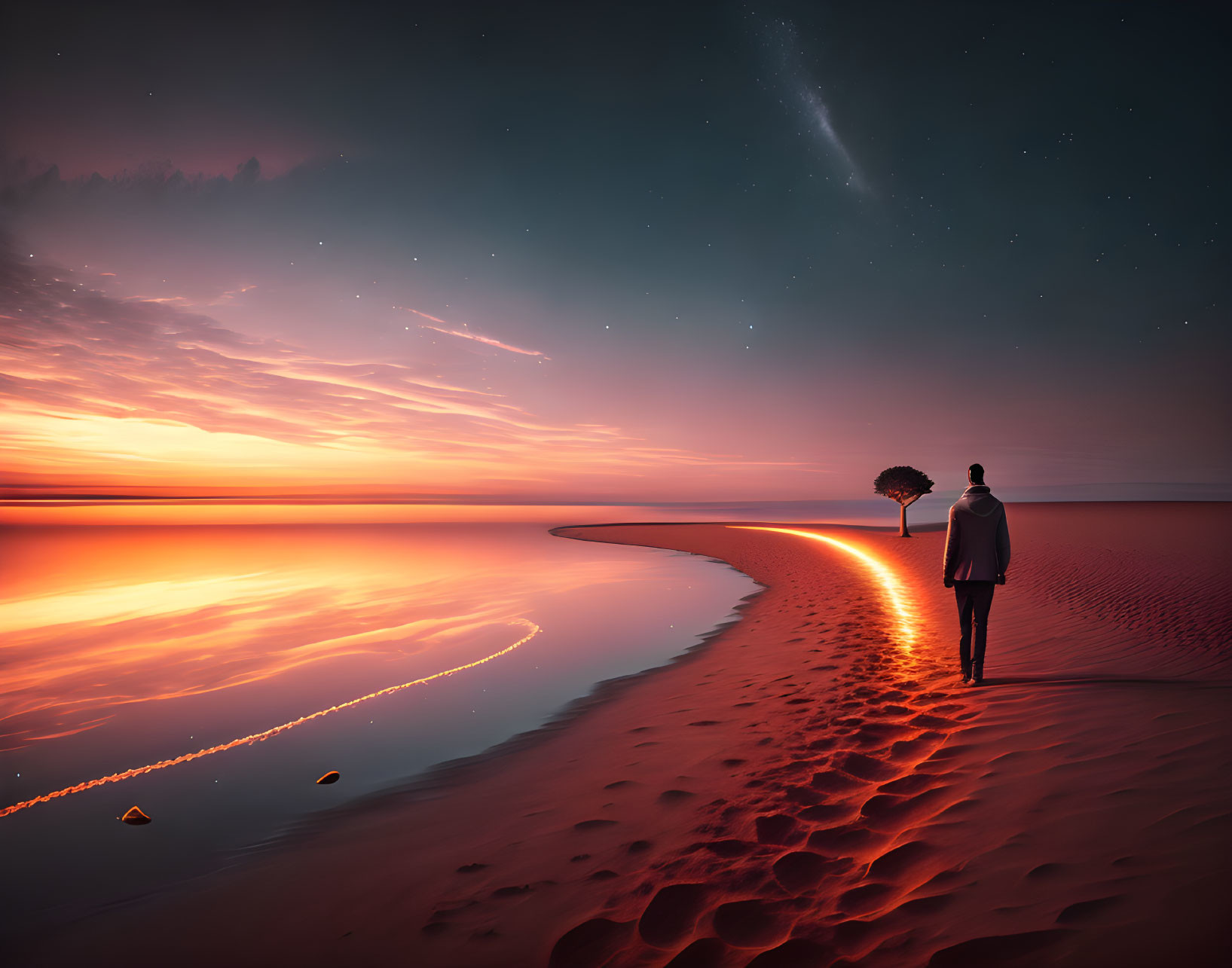 Solitary tree by curving shoreline at sunset with stars and water reflections