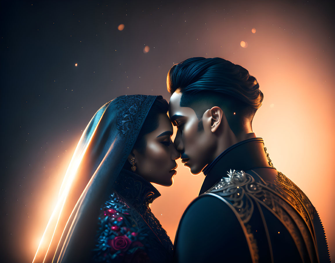 Traditional South Asian couple in intimate pose with dramatic backlighting.