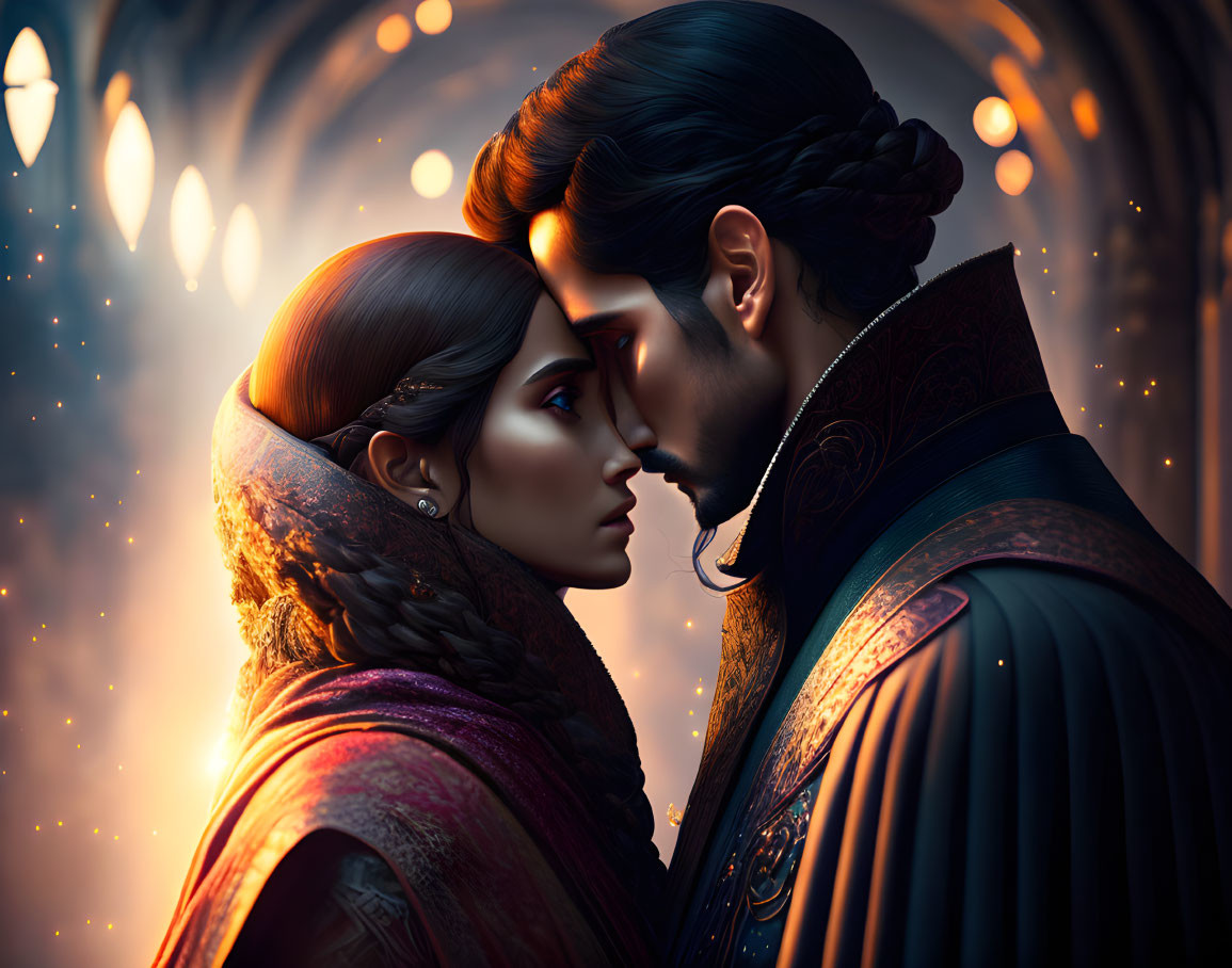 Intimate digital illustration of man and woman in warm glowing lights