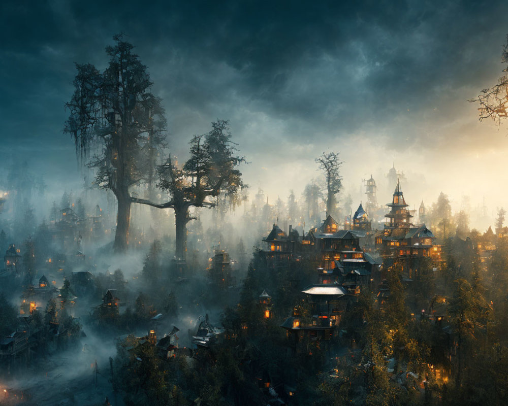 Mystical forest village at dusk with fog and illuminated wooden houses