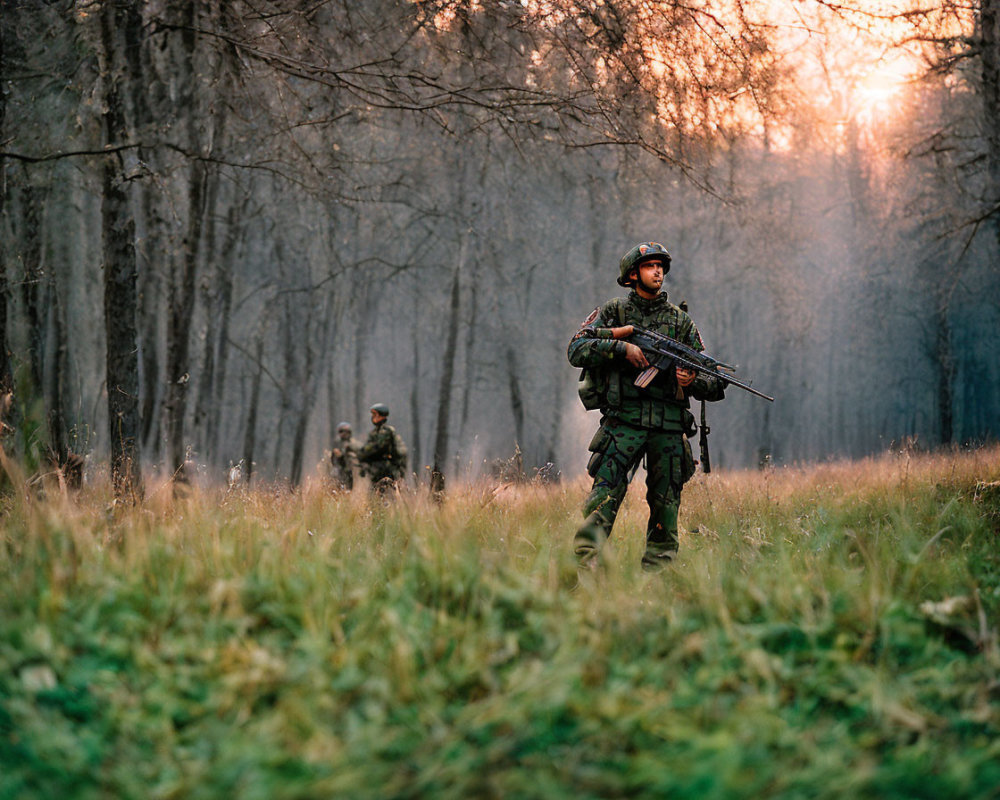 Military soldiers in camouflage gear patrol forest at sunset