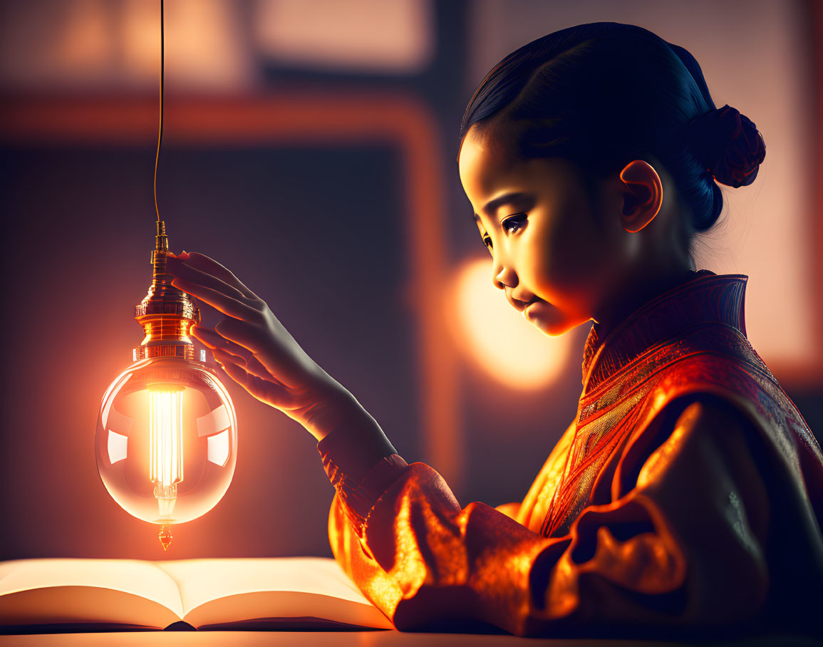 Young child in traditional attire reading under warm Edison bulb