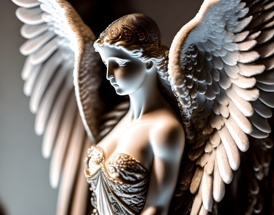 Detailed sculpture of angel with widespread wings and serene expression