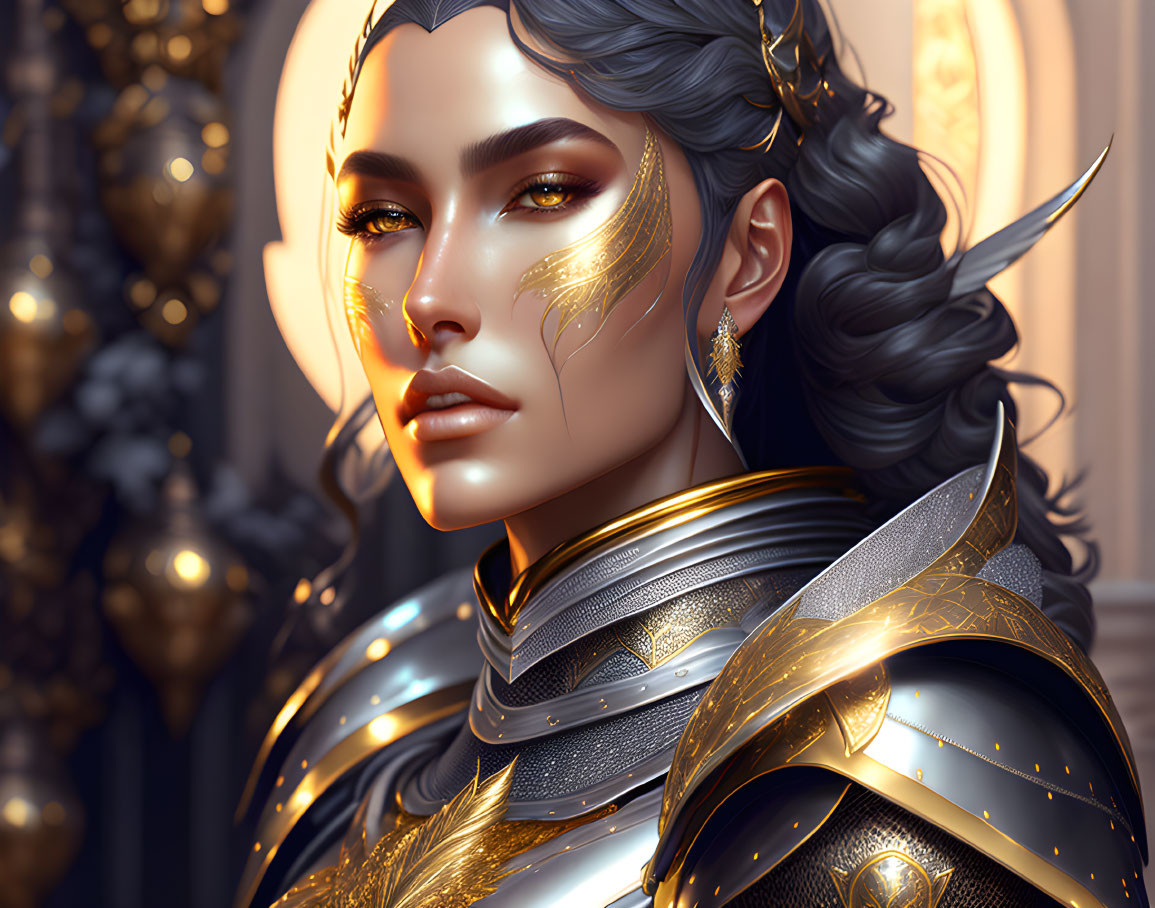 Fantasy warrior digital artwork with gold and silver armor & intricate details