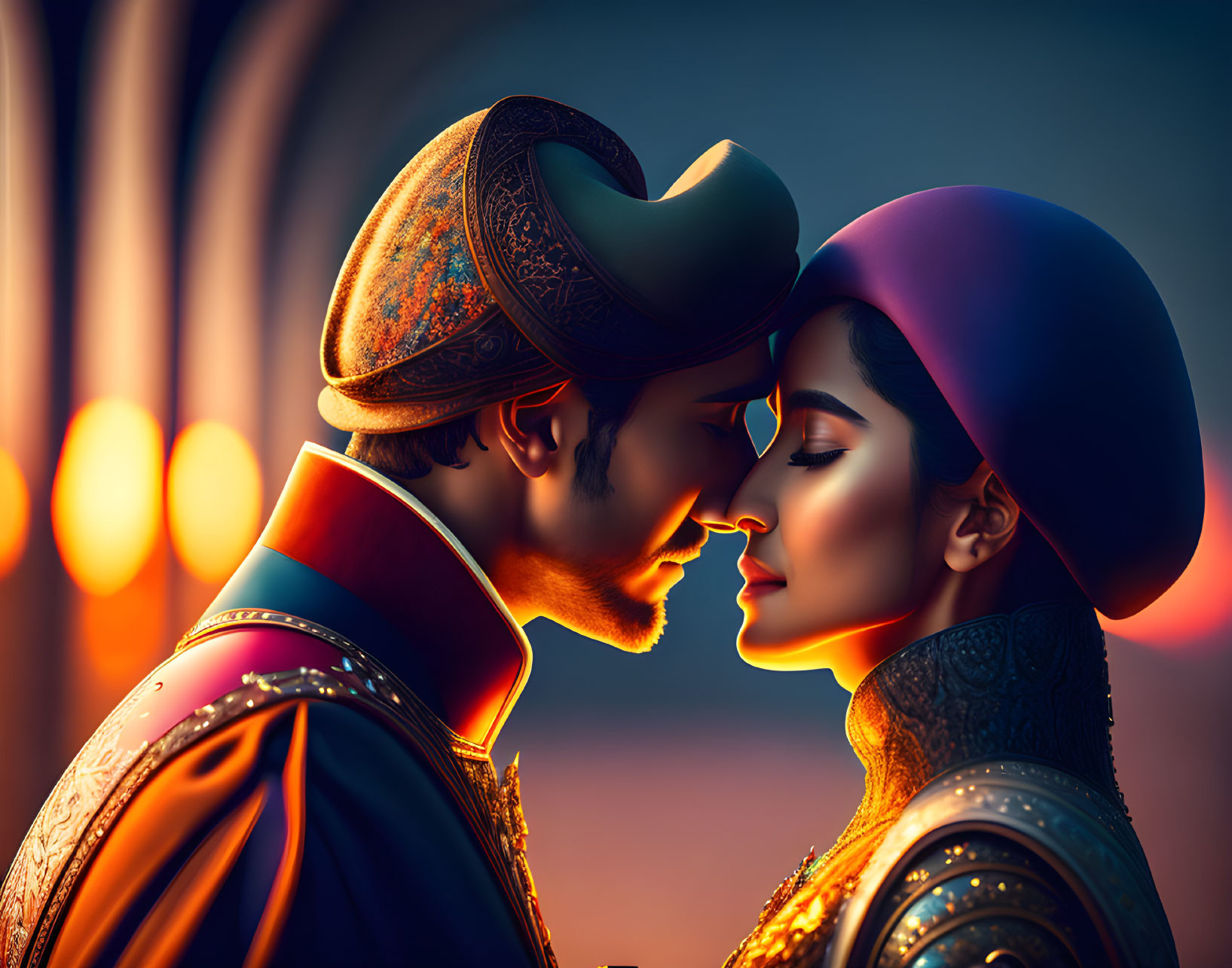 Historical characters in ornate costumes share intimate moment with foreheads touching