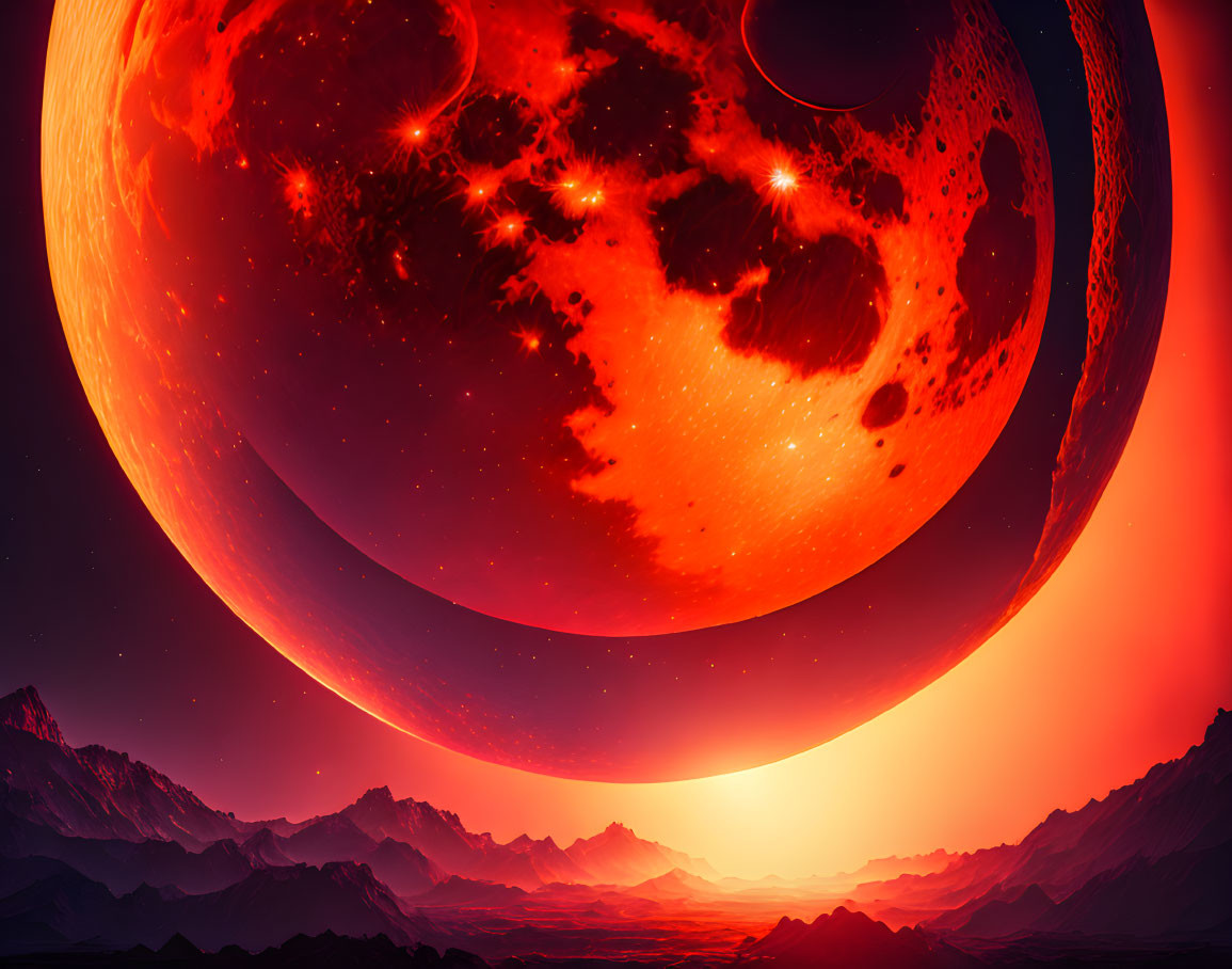 Gigantic Red Planet and Moons Over Alien Mountain Landscape