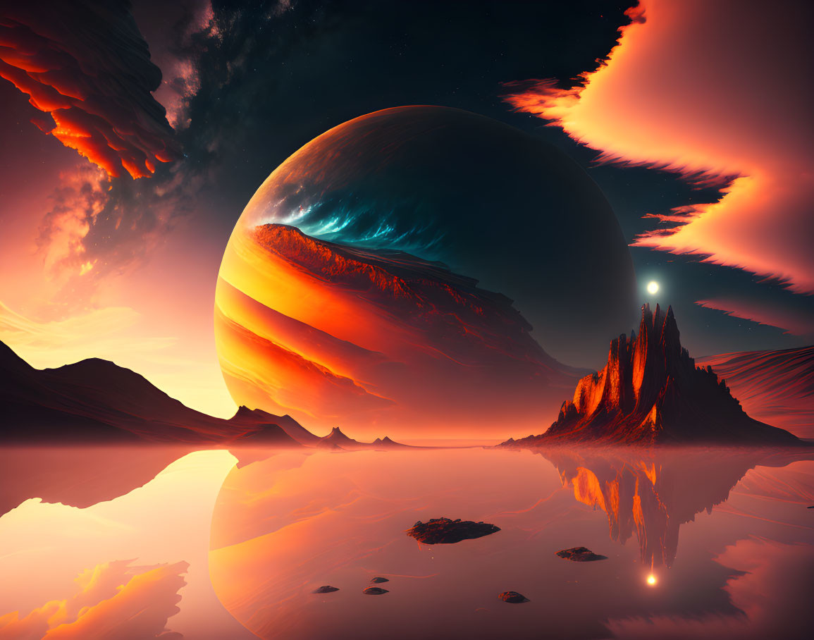 Surreal landscape with large alien planet over fiery sky reflected in calm lake