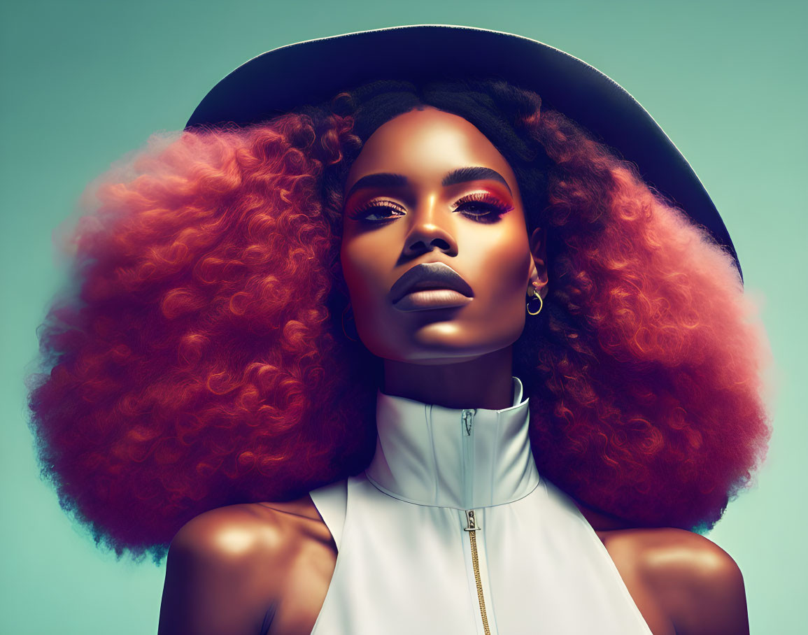 Voluminous Red Hair Woman in Wide-Brimmed Hat Portrait