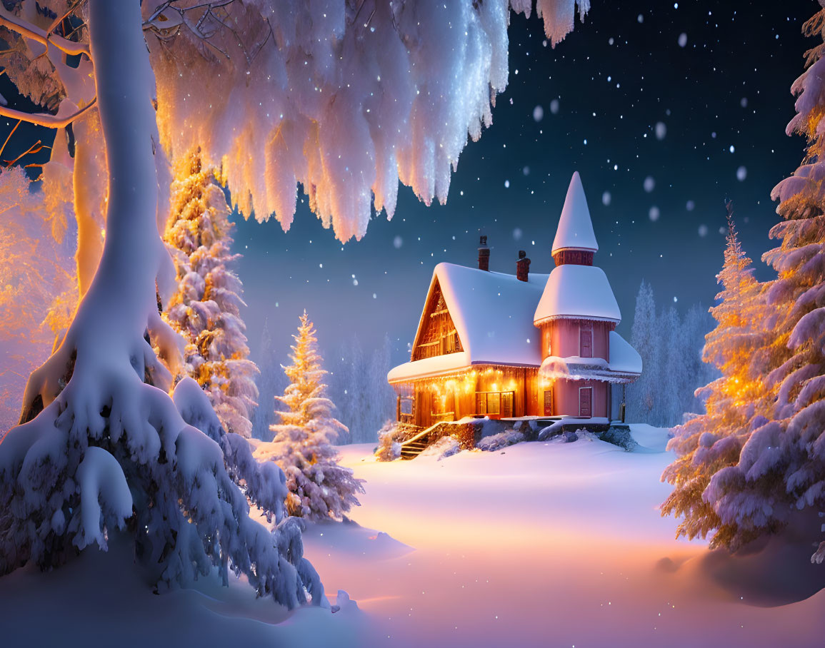 Snow-covered house and trees in serene winter night scene