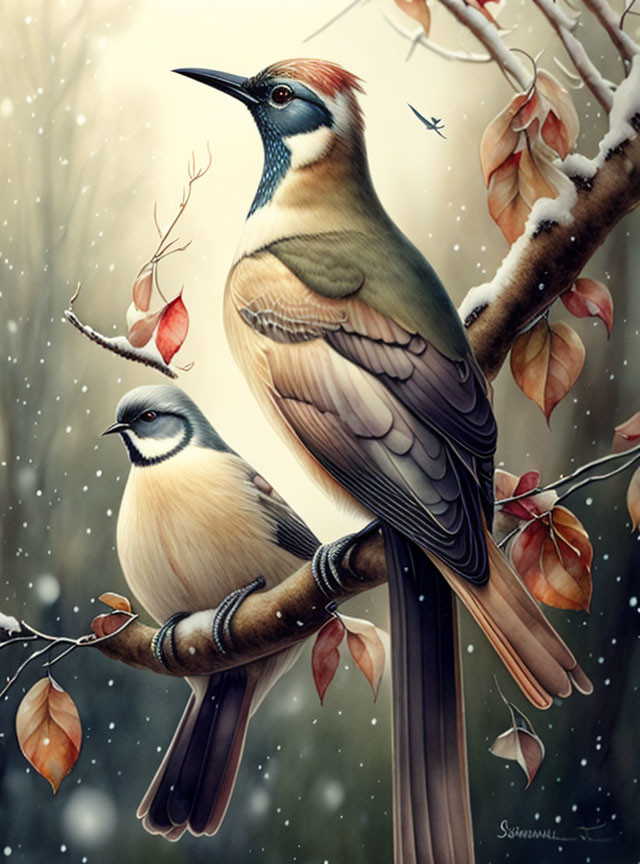 Stylized birds on branch with falling snowflakes in winter scene