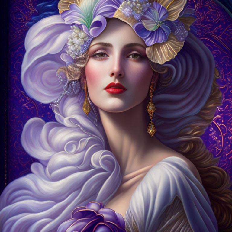 Voluminous white hair with purple flowers on woman in digital portrait