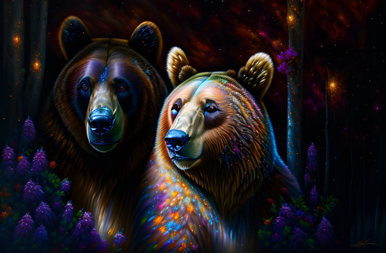 Vibrantly colored bears in cosmic setting with stars and flowers