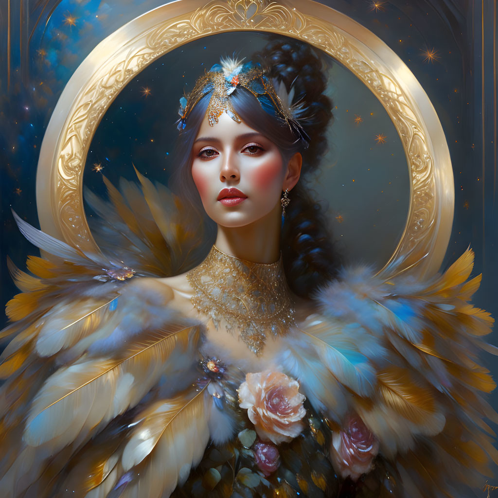 Regal woman in feathered garment with golden halo and celestial aura