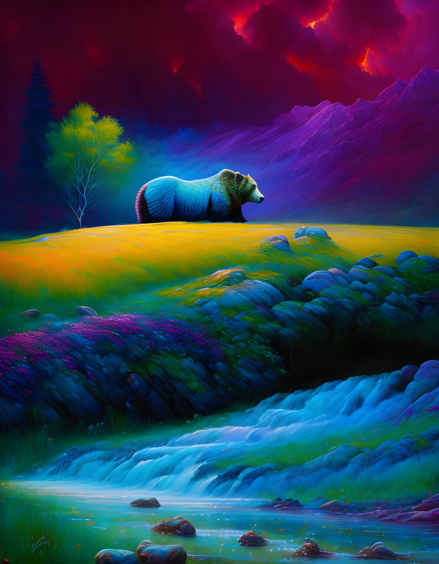 Vibrant digital artwork of surreal landscape with sheep, stream, flowers, and tree under stormy