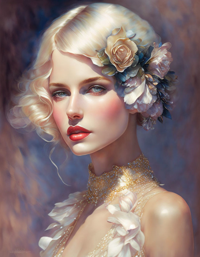 Blonde Curled Woman with Floral Headpiece and Red Lips