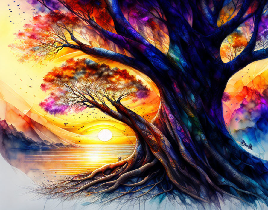 Colorful Tree Artwork Overlooking Tranquil Lake at Sunset