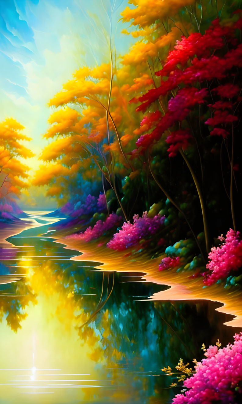 Vibrant autumn landscape with river, colorful trees, and sunset