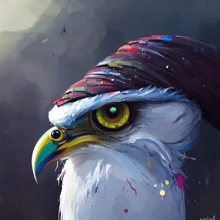 Vibrant digital illustration of eagle with stylish hat and textured feathers