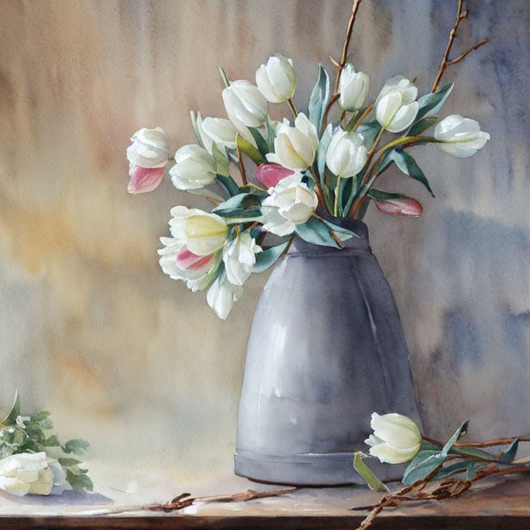 White and Pink Tulips in Grey Vase Watercolor Painting on Beige Textured Background