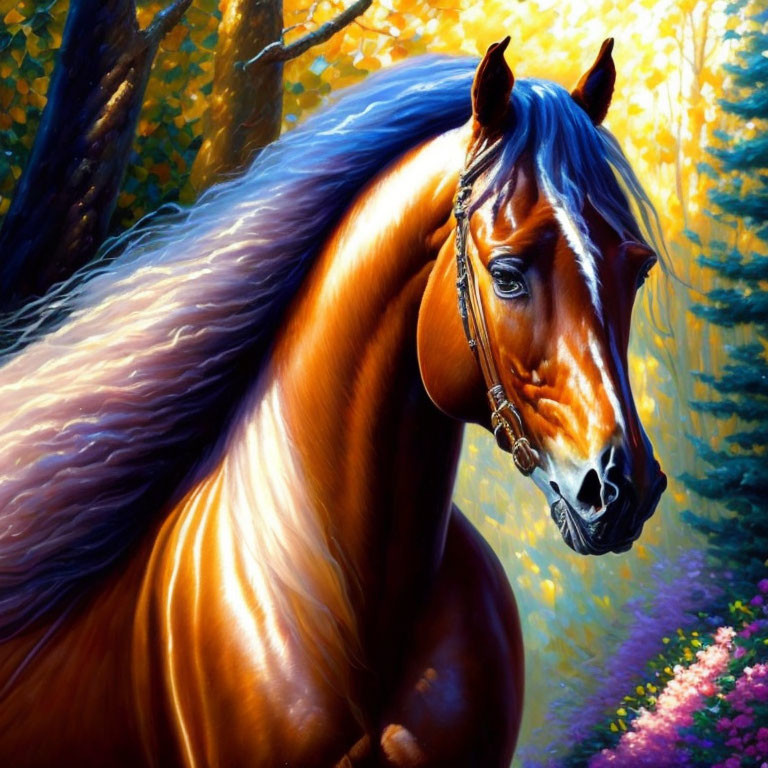 Colorful Painting of Chestnut Horse in Autumn Setting